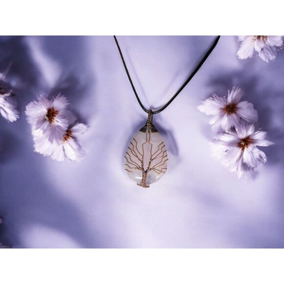 Rose Quartz Tree of Life Pendant Necklace Healing Crystal Jewelry 18" Cord - Picture 7 of 9